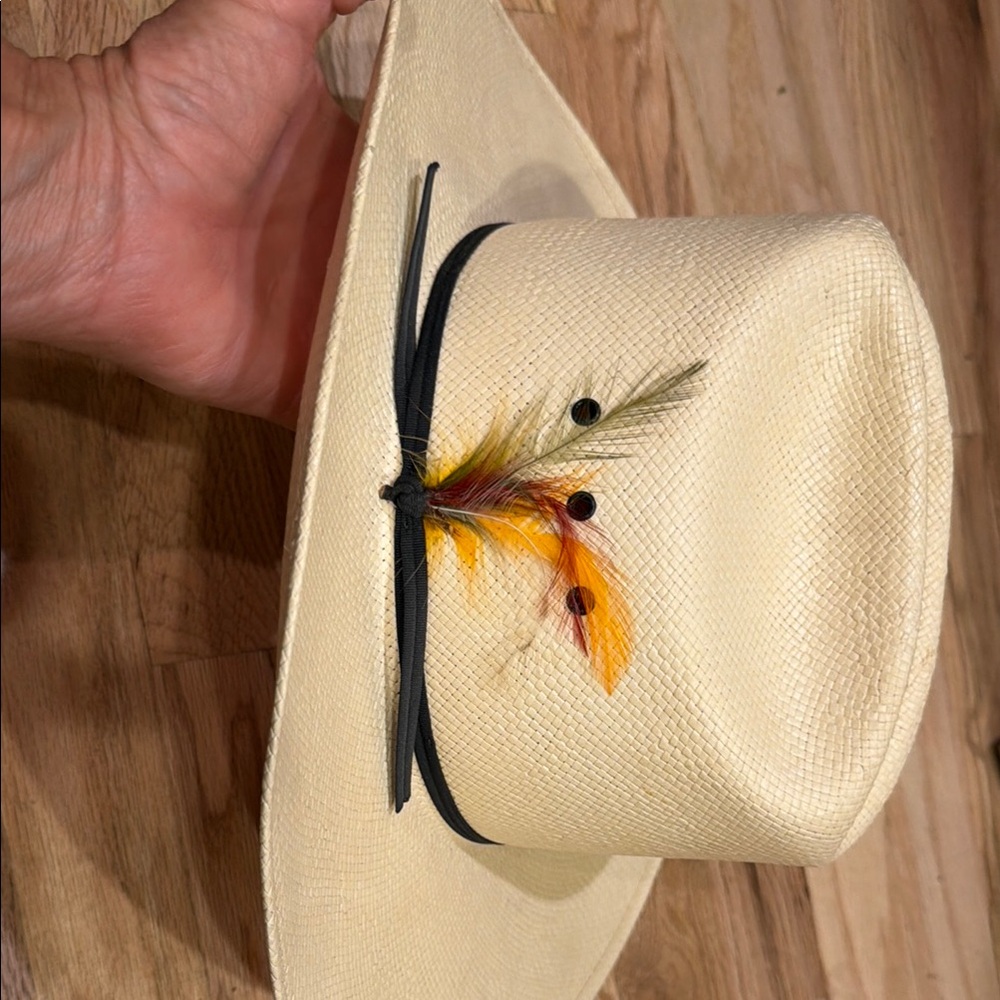 Stetson Ivory Straw Fedora with Black Band and Feather Accents